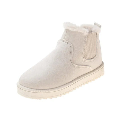 Beiger Winterstiefel mit Kunstfellfutter, rutschfeste Sohle, warm und bequem für kaltes Wetter.