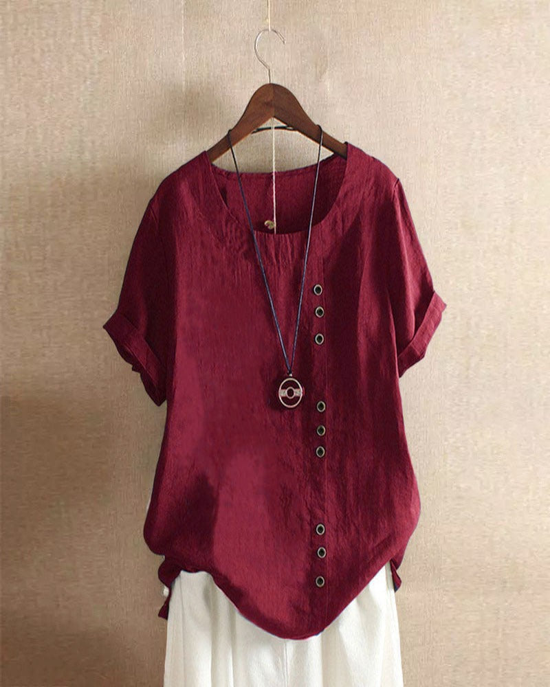 Bordeauxrote Damenbluse aus Leinen mit Knopfleiste, lässig, kurzärmelig, Sommermode.