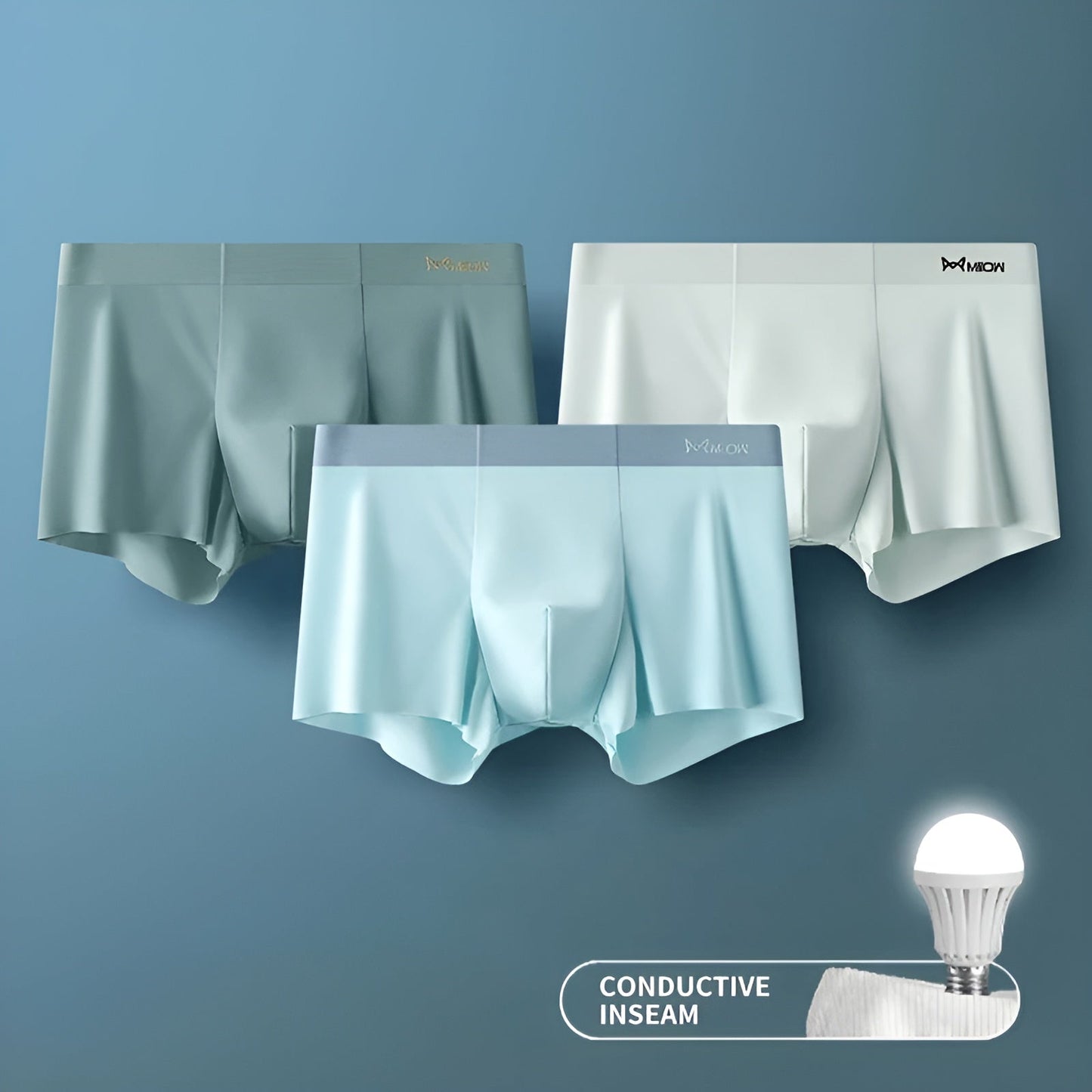 Drei Herren-Boxershorts in Pastellfarben, nahtlos, atmungsaktiv, mit leitfähigem Einsatz.