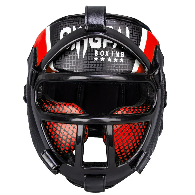 Schwarzer Boxhelm mit rotem Polster, Gesichtsschutz, Leder, für Kampfsport, SINGPAO Marke.