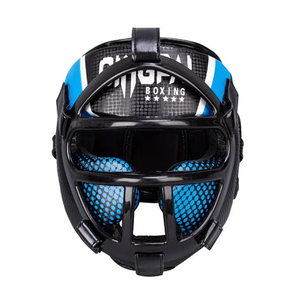 Schwarzer Boxhelm mit Gitter, blauem Polster, Leder, Schutz für Kampfsport, Erwachsene.