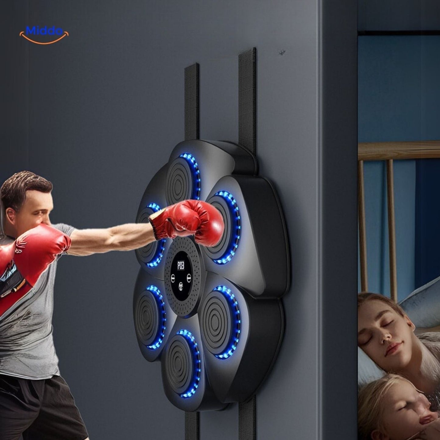 Schwarze Boxmaschine mit blauen LEDs, roter Boxhandschuh, Fitnessgerät für Zuhause.