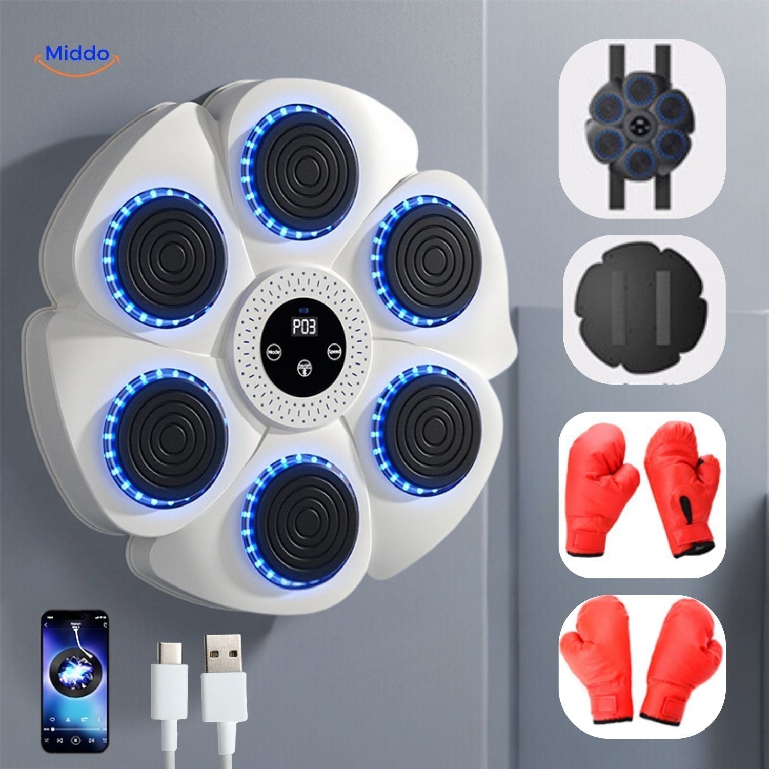 Weiße Boxmaschine mit blauer LED-Beleuchtung und roten Boxhandschuhen, USB-Anschluss.