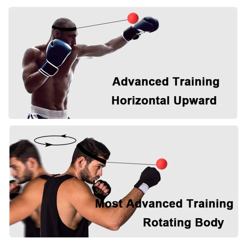Boxtraining mit Reflexball, schwarzes Stirnband, Fitness, Koordination, Männer, Sportausrüstung