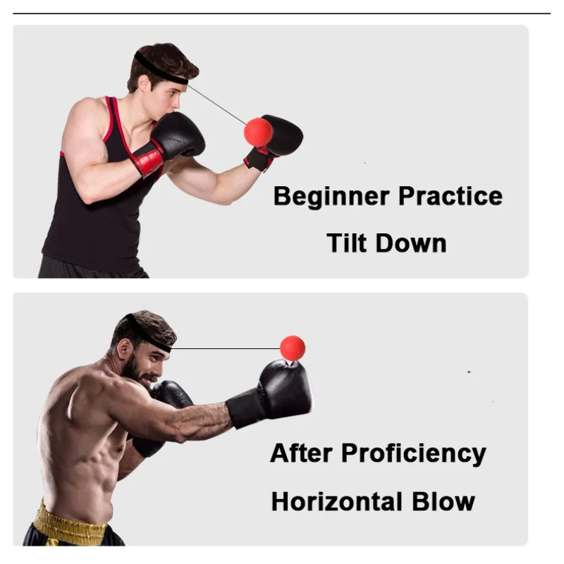 Mann mit Boxhandschuhen trainiert mit rotem Reflexball, Anfänger- und Fortgeschrittenenstufe.
