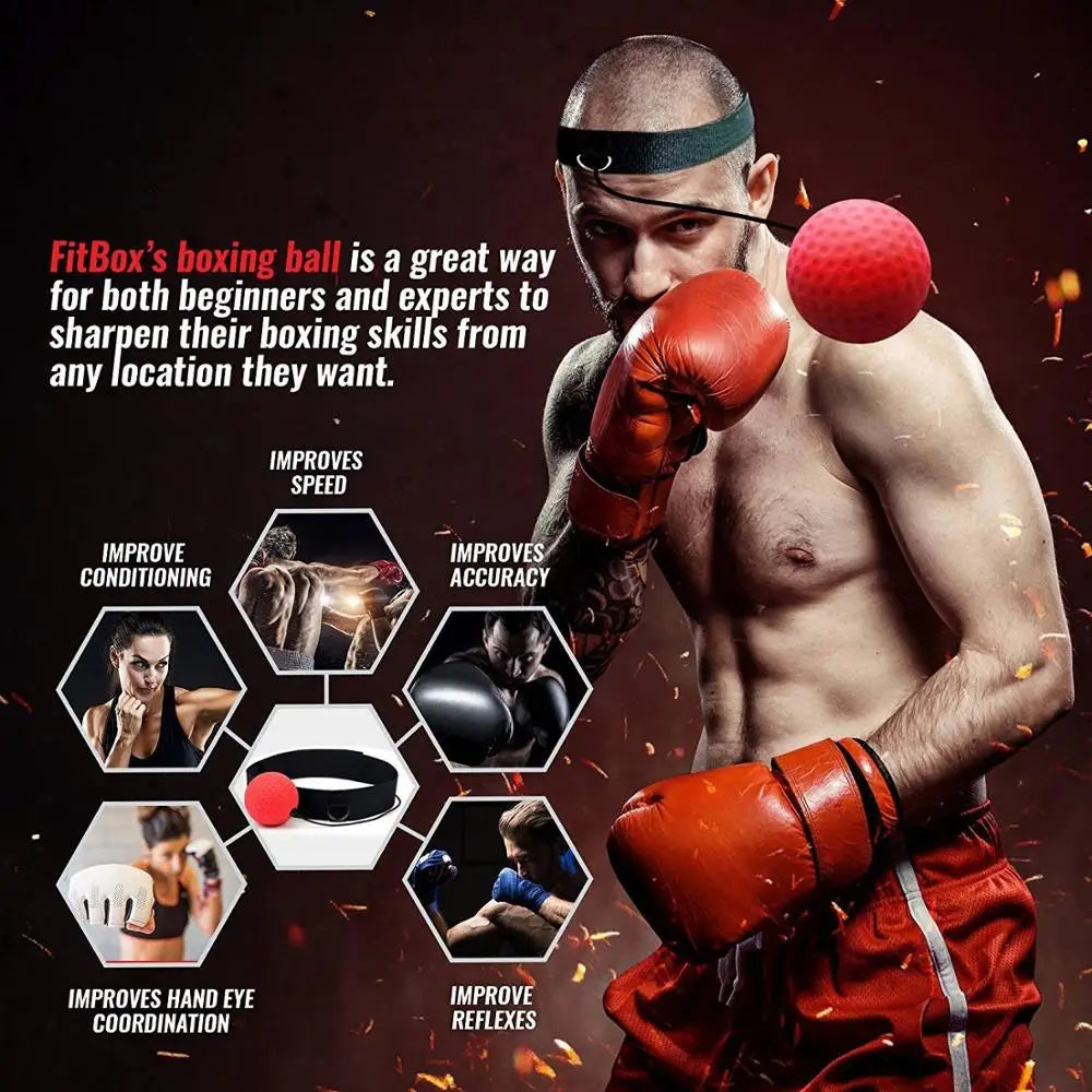 Mann mit Boxhandschuhen trainiert mit rotem Boxball, verbessert Geschwindigkeit und Genauigkeit.