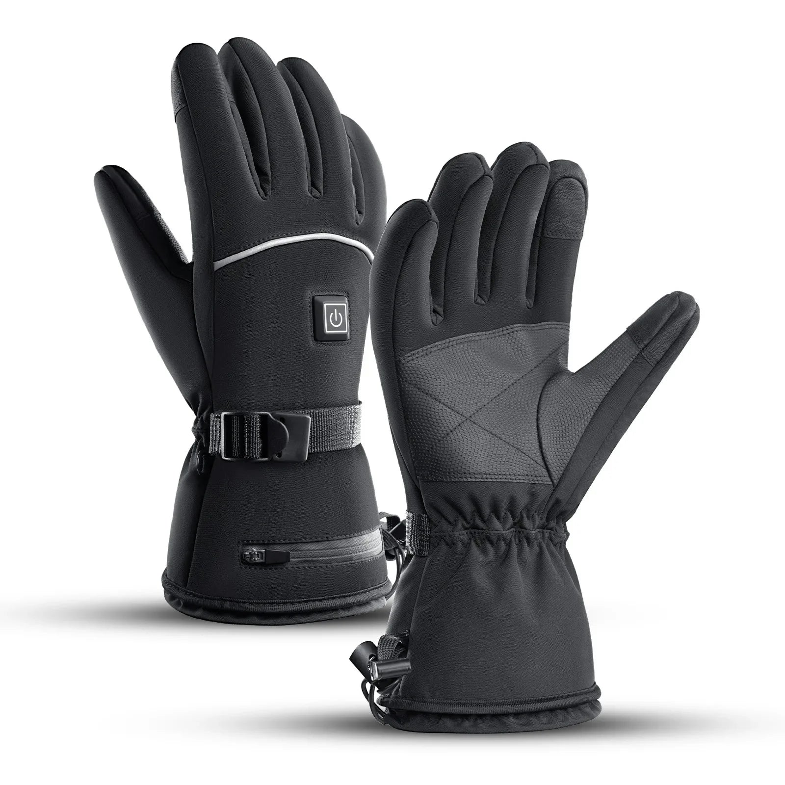 Schwarze beheizbare Handschuhe, wasserdicht, Touchscreen-kompatibel, ideal für Winteraktivitäten.