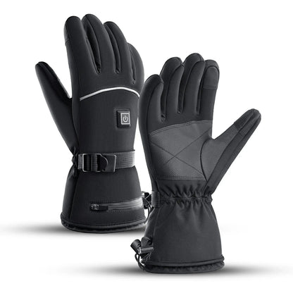 Schwarze beheizbare Handschuhe, wasserdicht, Touchscreen-kompatibel, ideal für Winteraktivitäten.