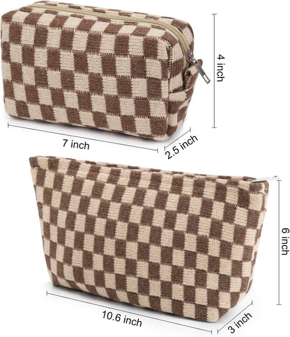 Braune karierte Kosmetiktasche, Reißverschluss, Baumwolle, 7x4x2.5 Zoll, stilvoll, praktisch.