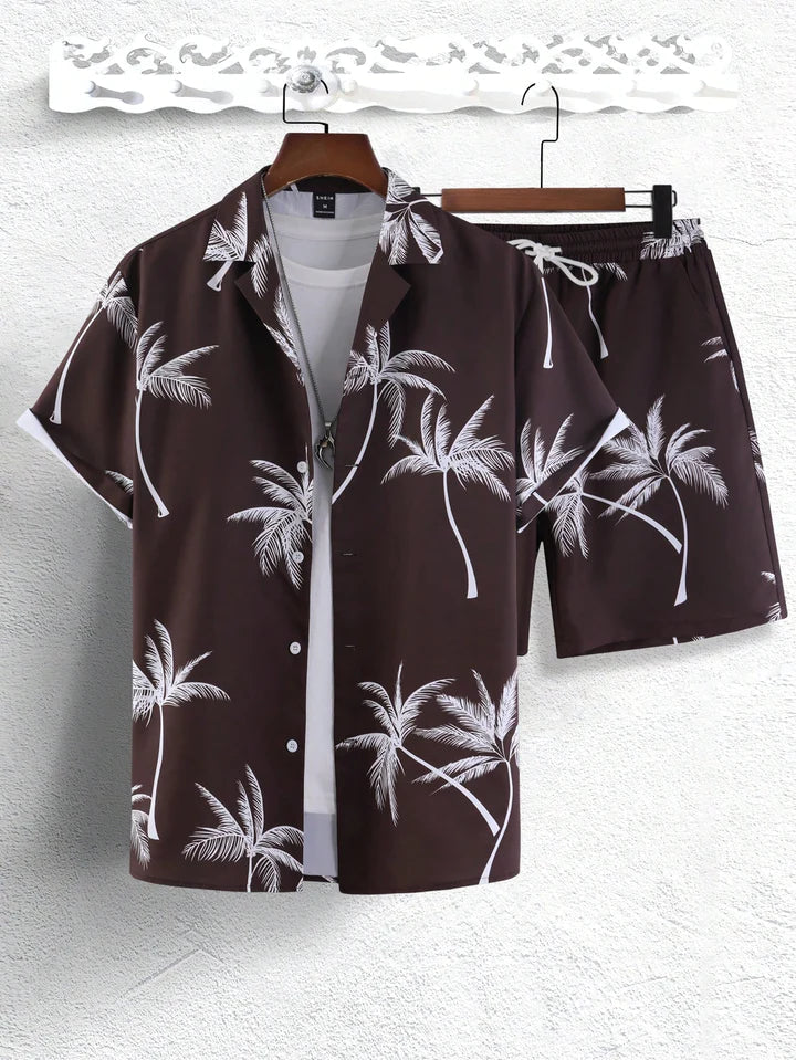 Braunes Hawaiihemd-Set mit Palmenmuster, Kurzarm, Sommermode, Herrenbekleidung.