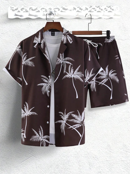 Braunes Hawaiihemd-Set mit Palmenmuster, Kurzarm, Sommermode, Herrenbekleidung.