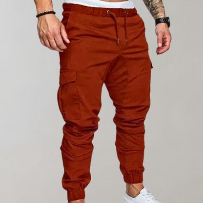 Braune Herren-Cargohose, elastischer Bund, Seitentaschen, lässiger Stil, Baumwolle.