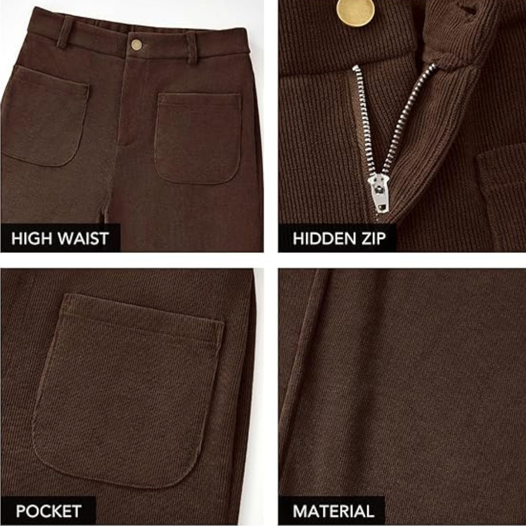 Braune Cordhose mit hohem Bund, verdecktem Reißverschluss, Taschen, weiches Material.