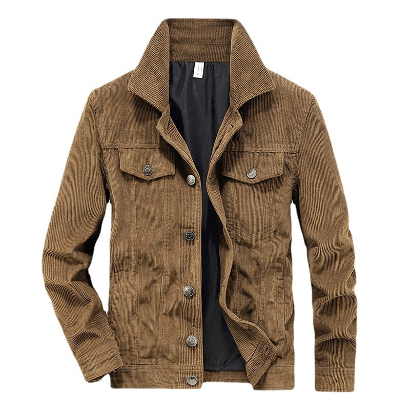 Braune Cordjacke für Herren, Knopfleiste, zwei Brusttaschen, modisch, Herbstbekleidung.