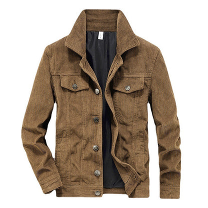 Braune Cordjacke für Herren, Knopfleiste, zwei Brusttaschen, modisch, Herbstbekleidung.