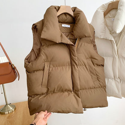 Braune Daunenweste, ärmellos, mit Reißverschluss, modisch, warm, für Herbst und Winter.