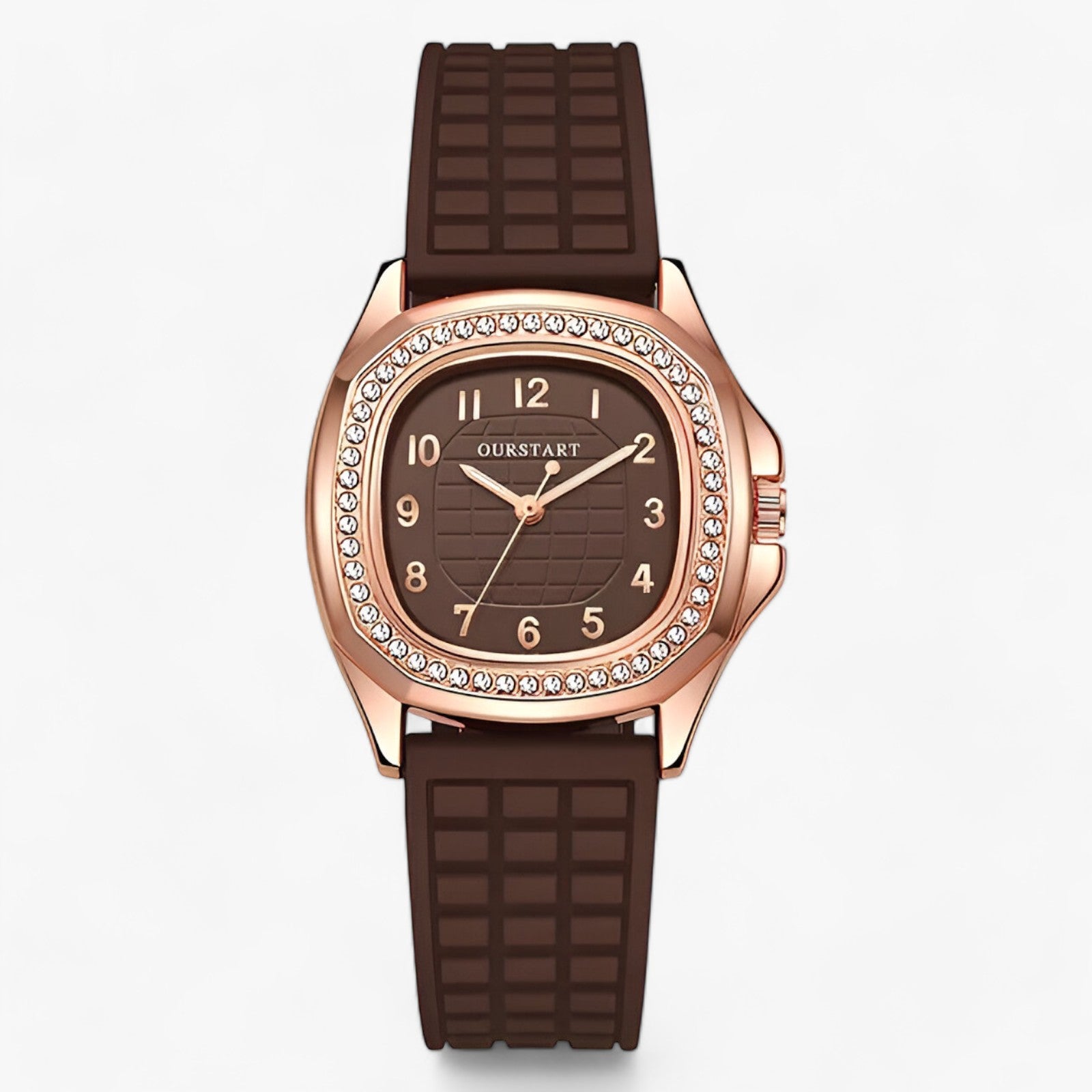 Braune Armbanduhr mit roségoldenem Gehäuse und Strasssteinen, elegantes Design, Damenuhr.