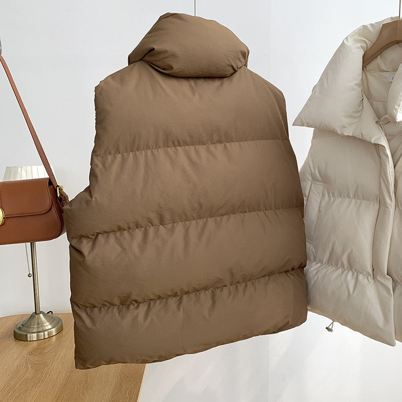 Braune Daunenweste, ärmellos, warm, modisch, Winterbekleidung, Damenmode, hängend.