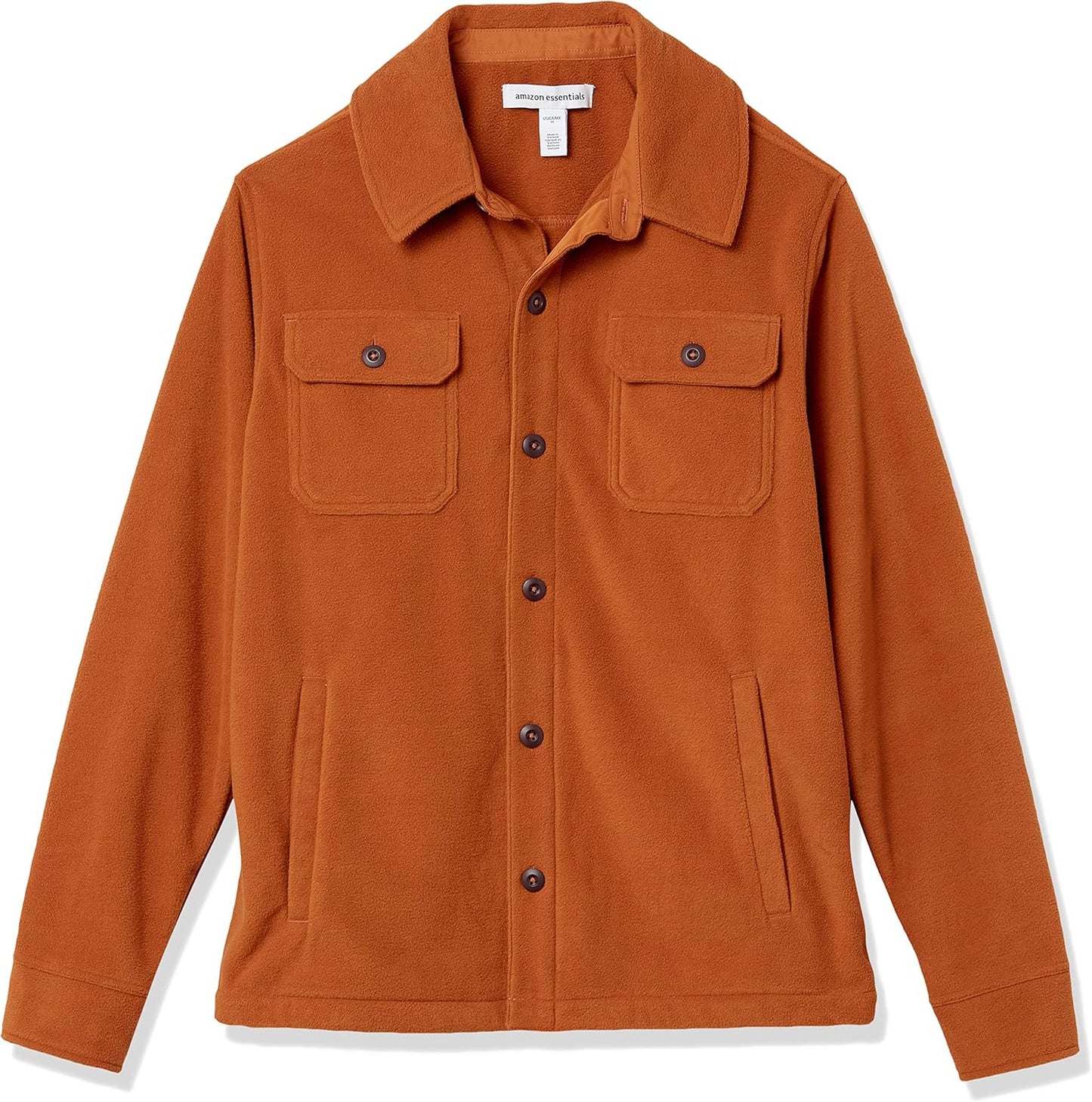Braune Fleecejacke mit Knöpfen, zwei Brusttaschen, Herrenmode, Herbstbekleidung.
