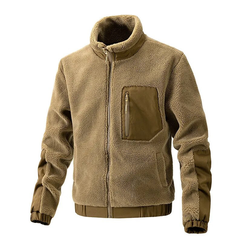Braune Fleecejacke mit Reißverschluss, Brusttasche, warm, Outdoor-Bekleidung, Herrenmode.