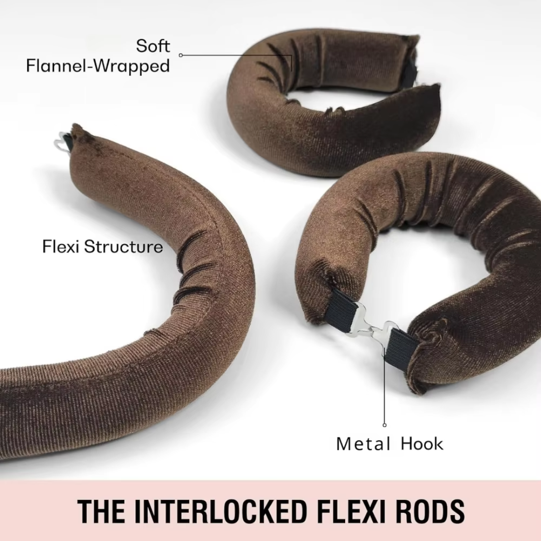 Braune, flanellbezogene Flexi-Lockenstäbe mit Metallhaken für Haarstyling.