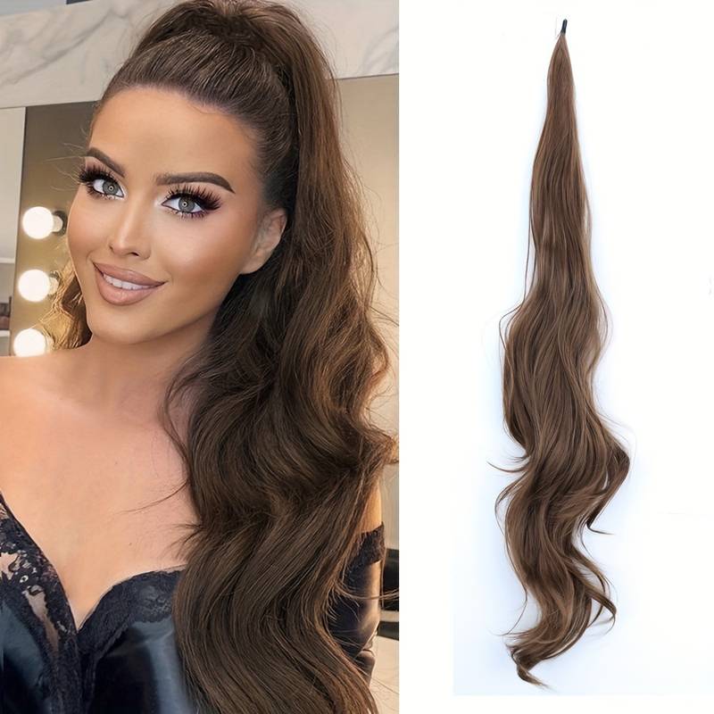 Braune Clip-in-Pferdeschwanzverlängerung, lang, gewellt, synthetisch, Haarteil für Frauen.
