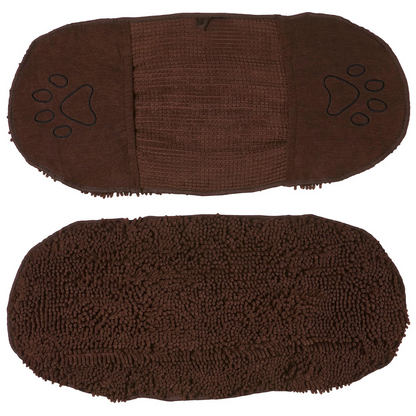 Braune Hundematte aus Mikrofaser mit Pfotenabdruck, rutschfest, saugfähig, waschbar.