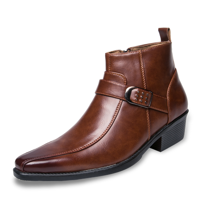 Braune Herrenstiefeletten, Retro-Design, Leder, Schnalle, Herbst, Motorrad, Mode, Arbeitsschuhe.