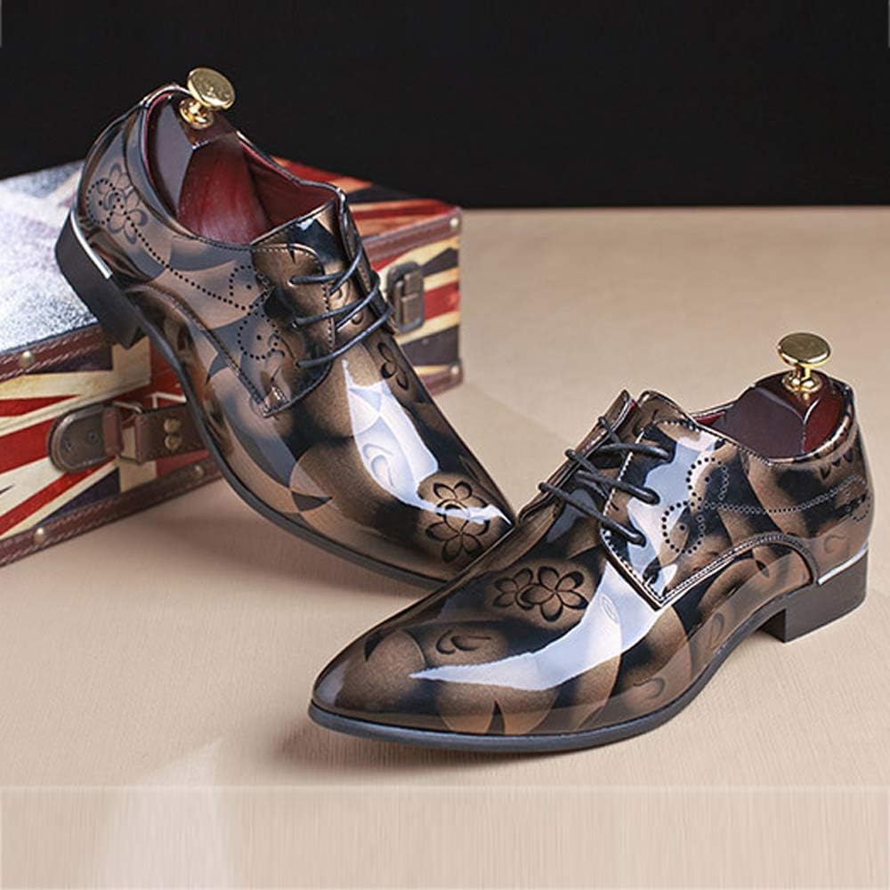 Herren-Lederschuhe, braun, glänzend, mit Blumenmuster, formell, Schnürschuhe, elegant.