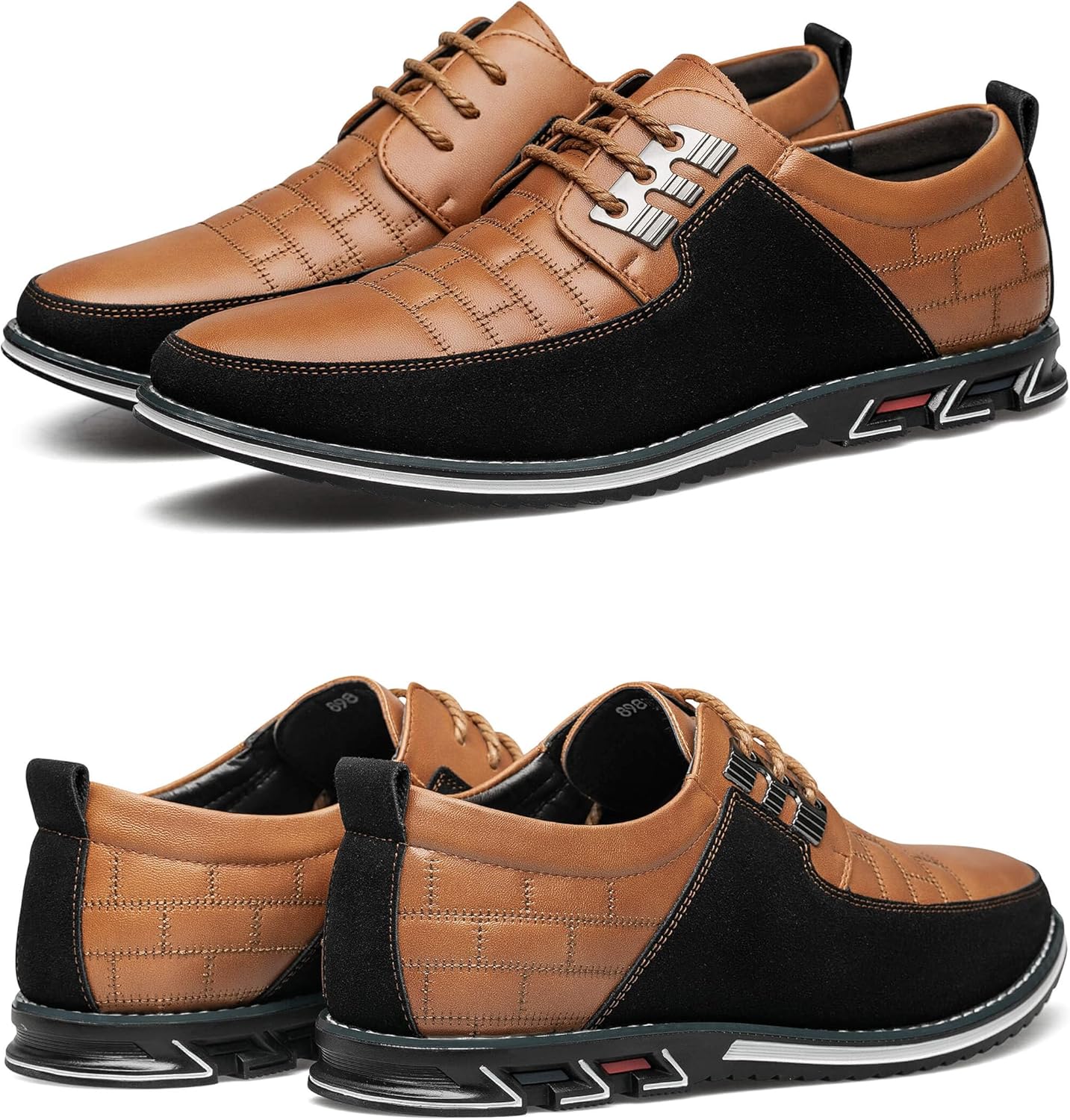 Braune und schwarze Herrenschuhe, Leder, sportlich-elegant, rutschfeste Sohle, Schnürsenkel.