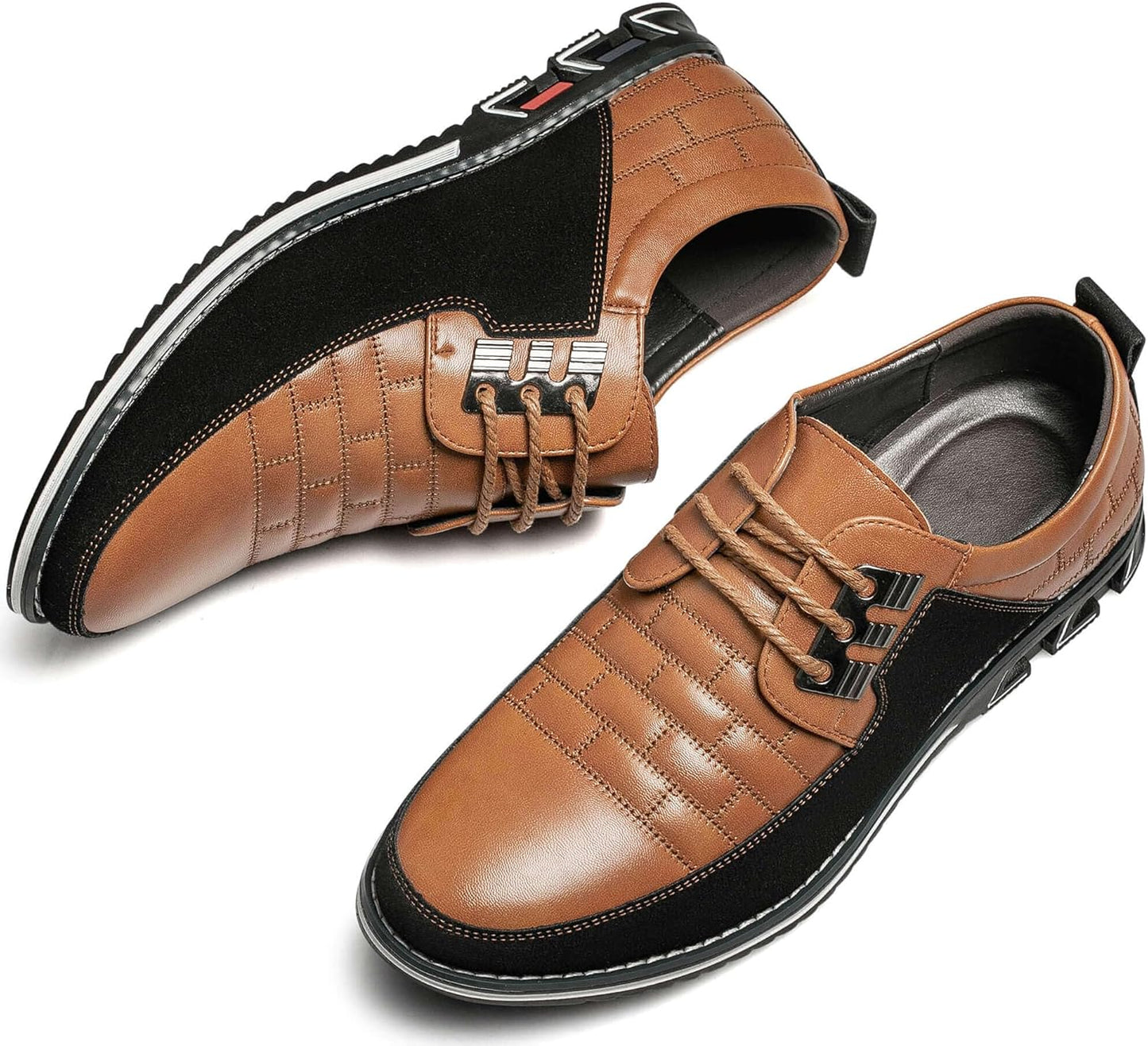 Braune Herrenschuhe aus Leder, sportlich-elegant, mit schwarzen Akzenten und Schnürsenkeln.