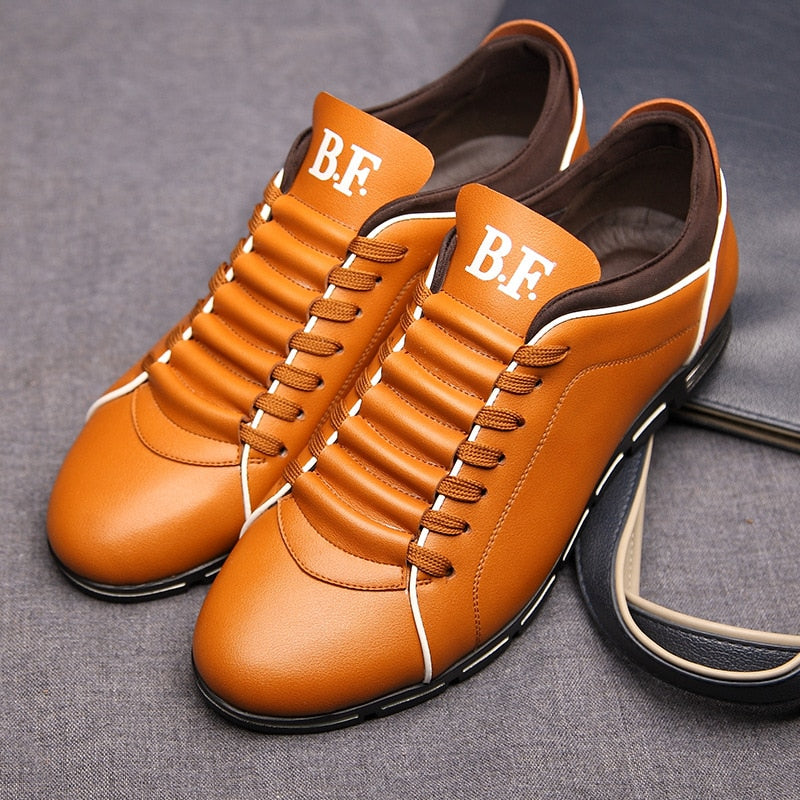 Herren Sneaker, braun, Leder, Schnürsenkel, sportlich, bequem, modisch, Freizeit, B.F. Logo.