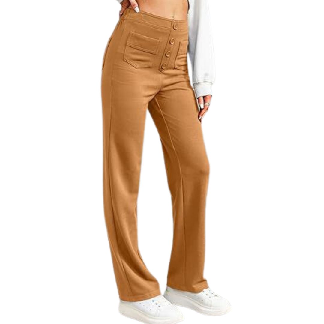 Damenhose, braun, hohe Taille, Knopfleiste, weites Bein, Freizeitmode, Baumwolle.