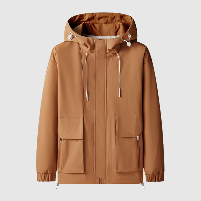 Braune Kapuzenjacke aus Baumwolle, wasserabweisend, mit Taschen und Kordelzug, Herrenmode.