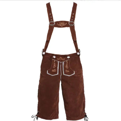 Braune Lederhose mit Hosenträgern, traditionelles bayerisches Trachtenoutfit, Stickerei.