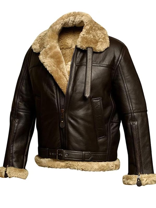 Braune Lederjacke mit Fellkragen, Herrenmode, Winterjacke, warm, stilvoll, hochwertig.