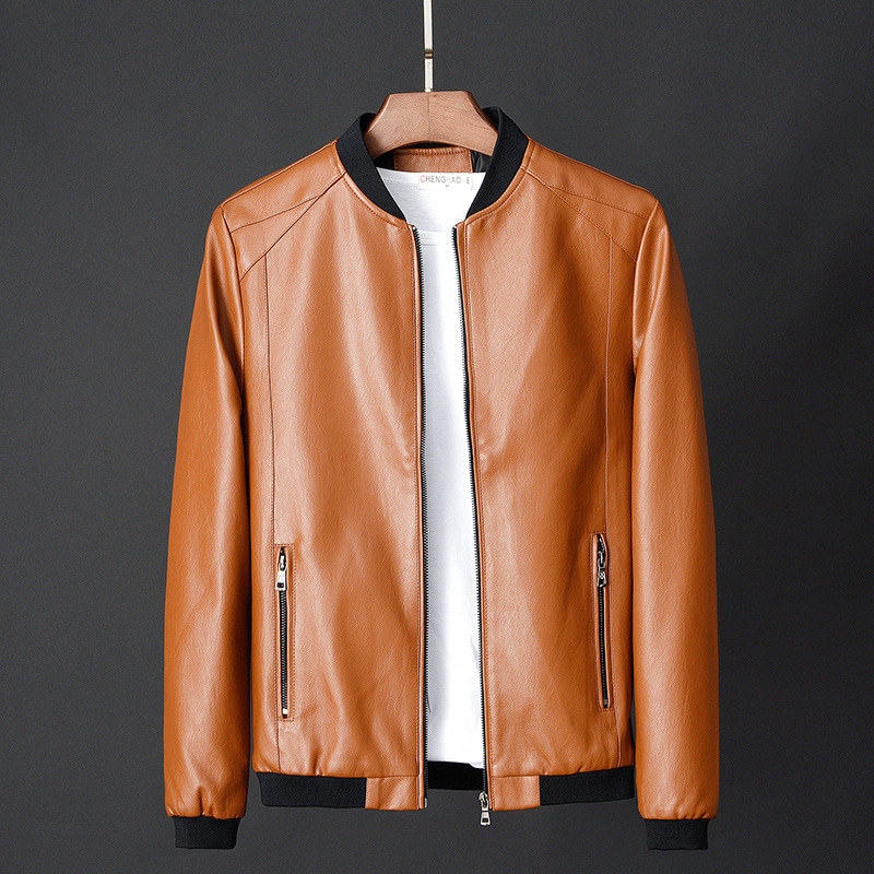 Braune Lederjacke für Herren, Reißverschluss, modisch, lässig, hochwertig, Herbstmode.
