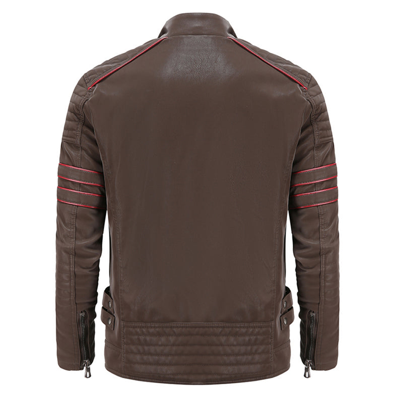 Braune Lederjacke Herren, Rückansicht, rote Ziernähte, Reißverschlüsse, modisch, stilvoll