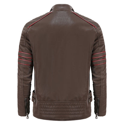 Braune Lederjacke Herren, Rückansicht, rote Ziernähte, Reißverschlüsse, modisch, stilvoll