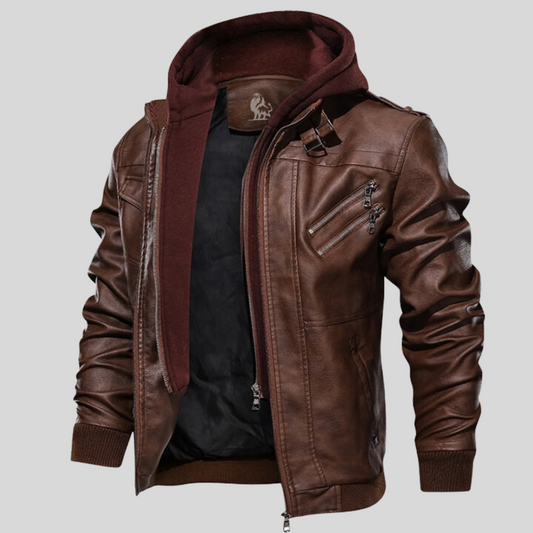 Braune Lederjacke mit Kapuze, Reißverschlusstaschen, Herrenmode, stilvoll und modern.