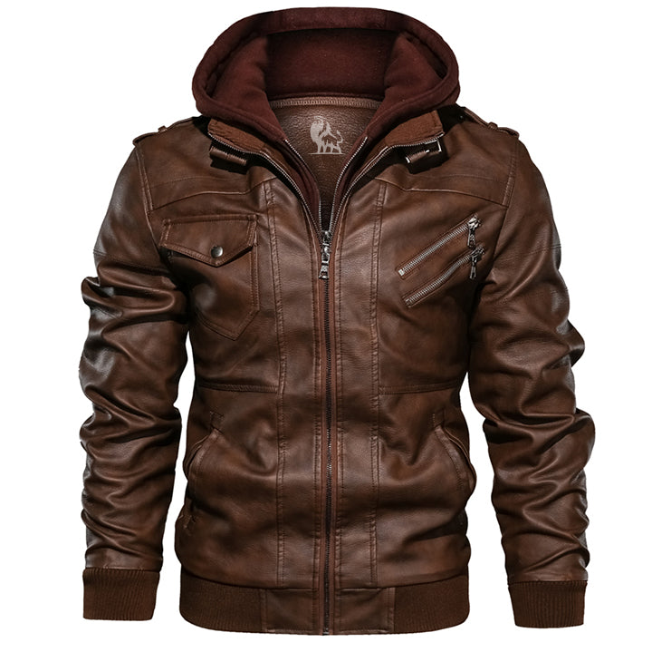 Braune Lederjacke mit Kapuze, Reißverschlusstaschen, Herrenmode, stilvoll und modern.