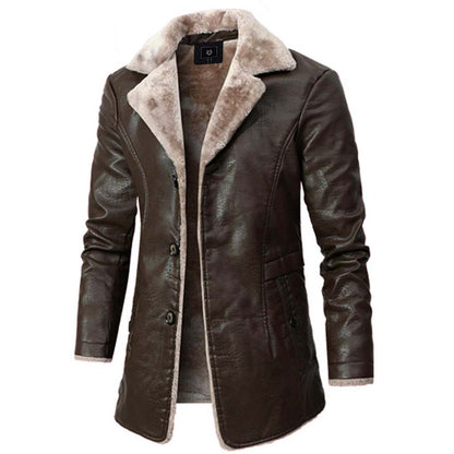 Braune Lederjacke mit Fellkragen, Herrenmode, stilvoll, warm, Winterbekleidung.
