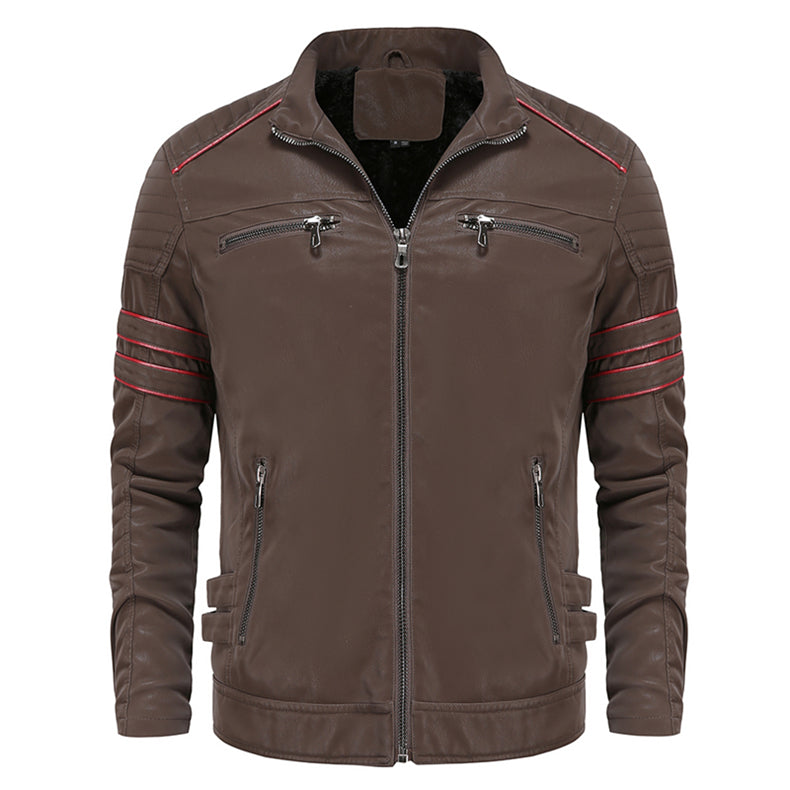 Braune Lederjacke für Herren mit Reißverschlüssen, Stehkragen und roten Streifen, modisch.