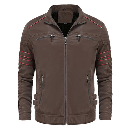 Braune Lederjacke für Herren mit Reißverschlüssen, Stehkragen und roten Streifen, modisch.