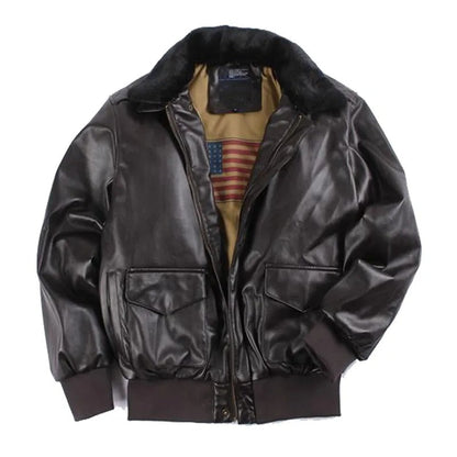 Braune Lederjacke mit schwarzem Kragen, Vintage-Stil, Herrenmode, hochwertig.