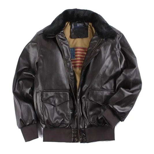 Braune Lederjacke mit schwarzem Kragen, Vintage-Stil, Herrenmode, hochwertig.