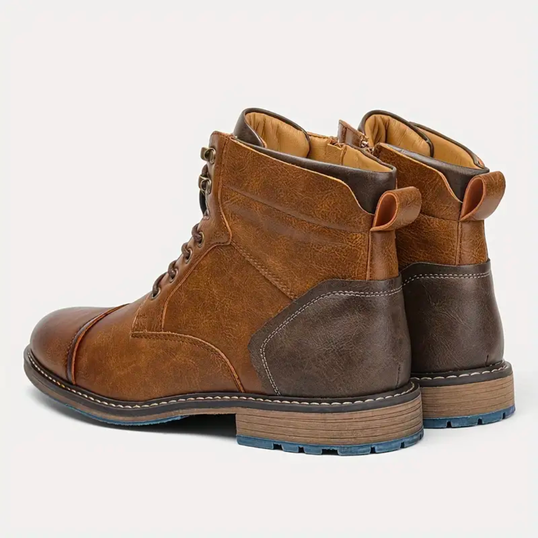Braune Herren-Lederstiefel, zweifarbig, Schnürung, robuste Sohle, modisch und langlebig.