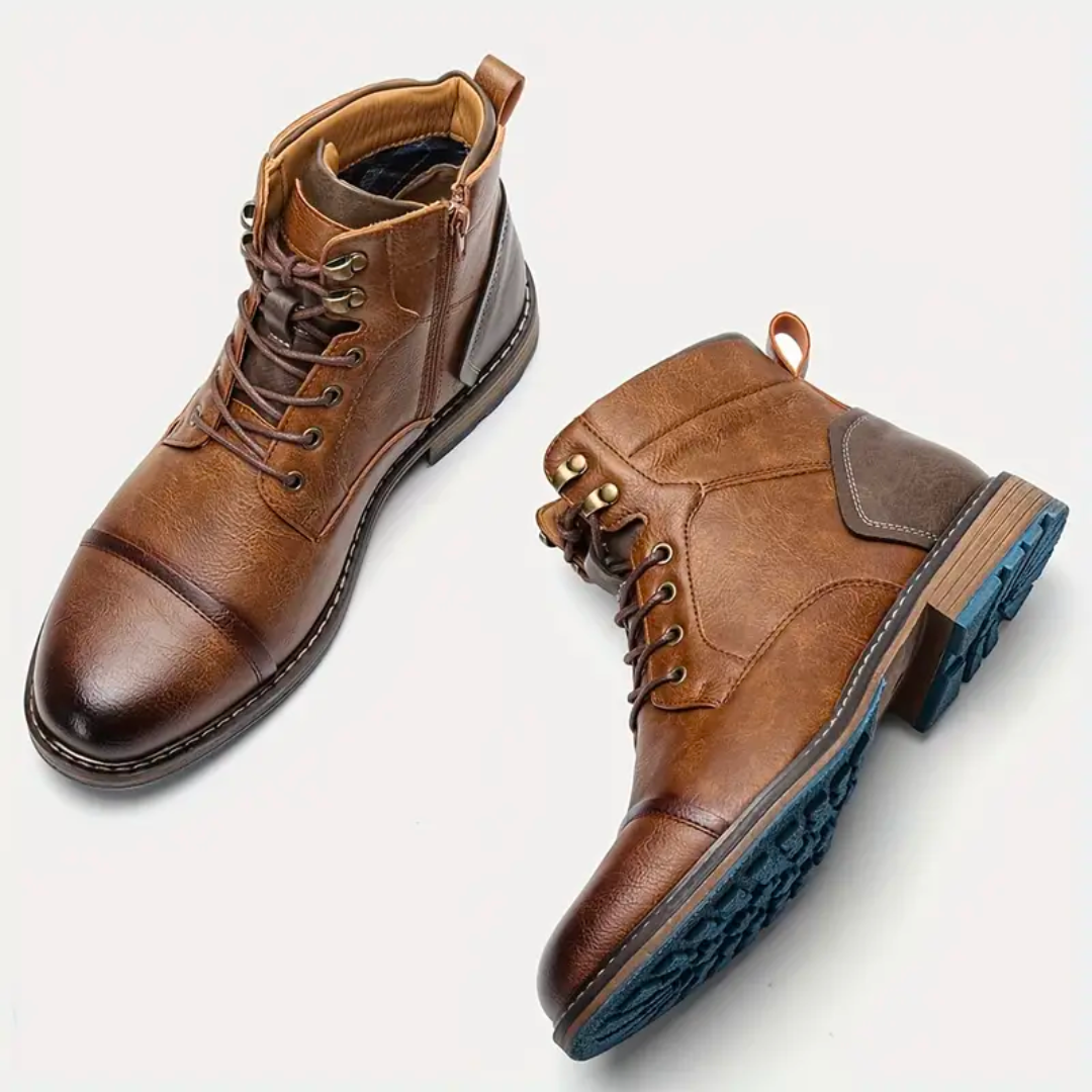 Braune Lederstiefel für Herren, Schnürung, rutschfeste Sohle, modisch, robust, bequem.