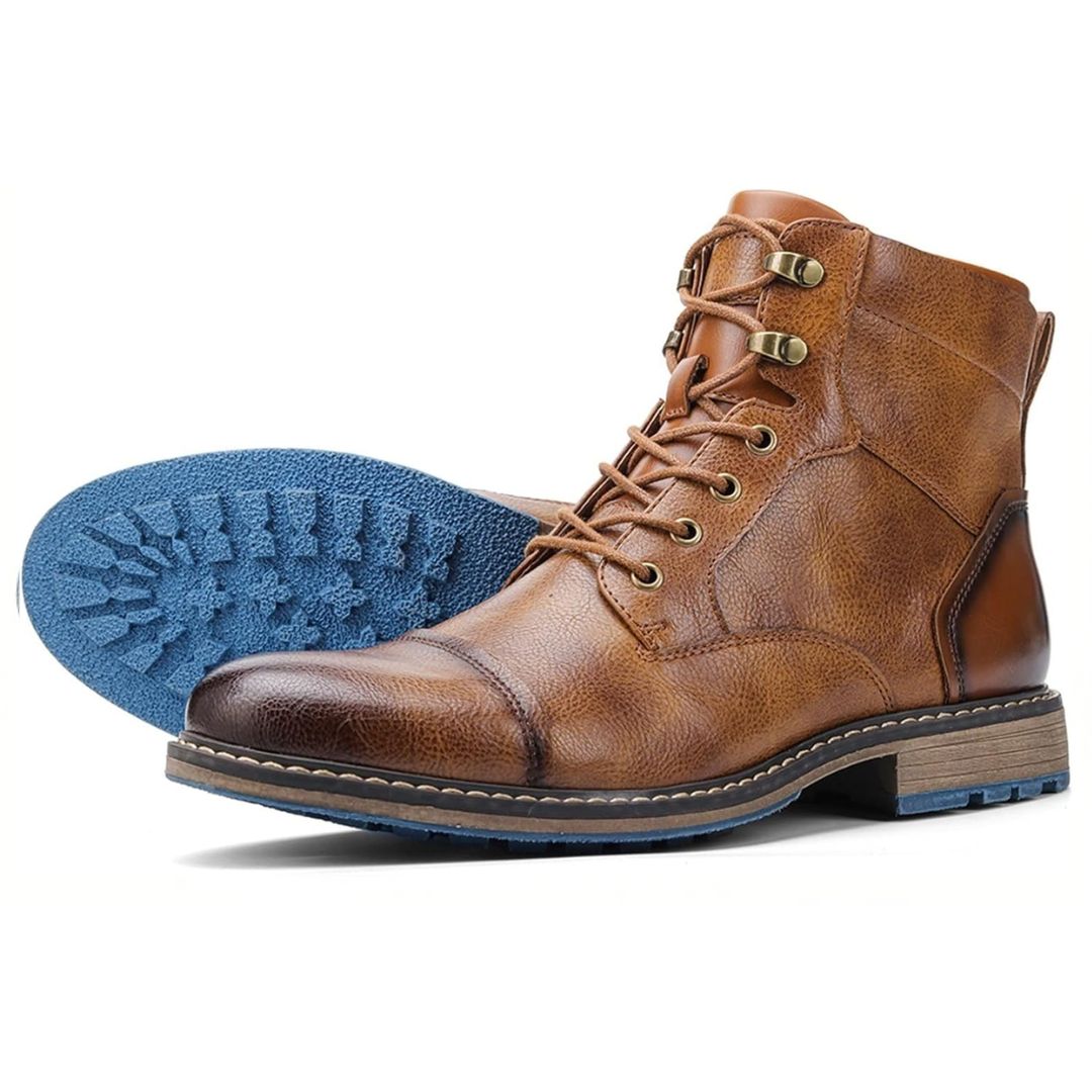 Braune Herrenstiefel aus Leder mit blauer Sohle, Schnürung, robust, modisch, Outdoor.