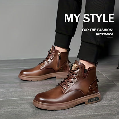 Braune Herrenstiefel aus Leder, modisch, rutschfeste Sohle, ideal für Herbst und Winter.